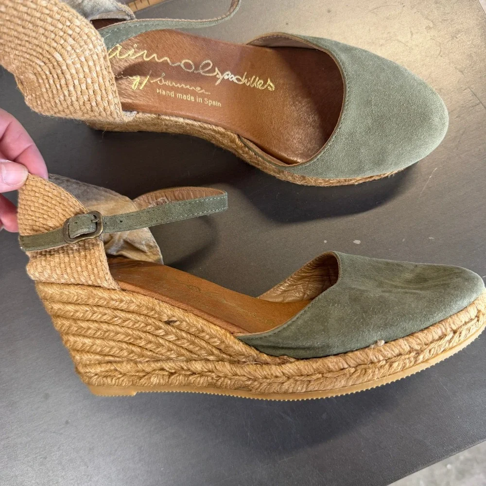 Spanish Gaimo Espadrilles Olive Green Suede Wedge Sandals Size 39‎ / 8 1/2